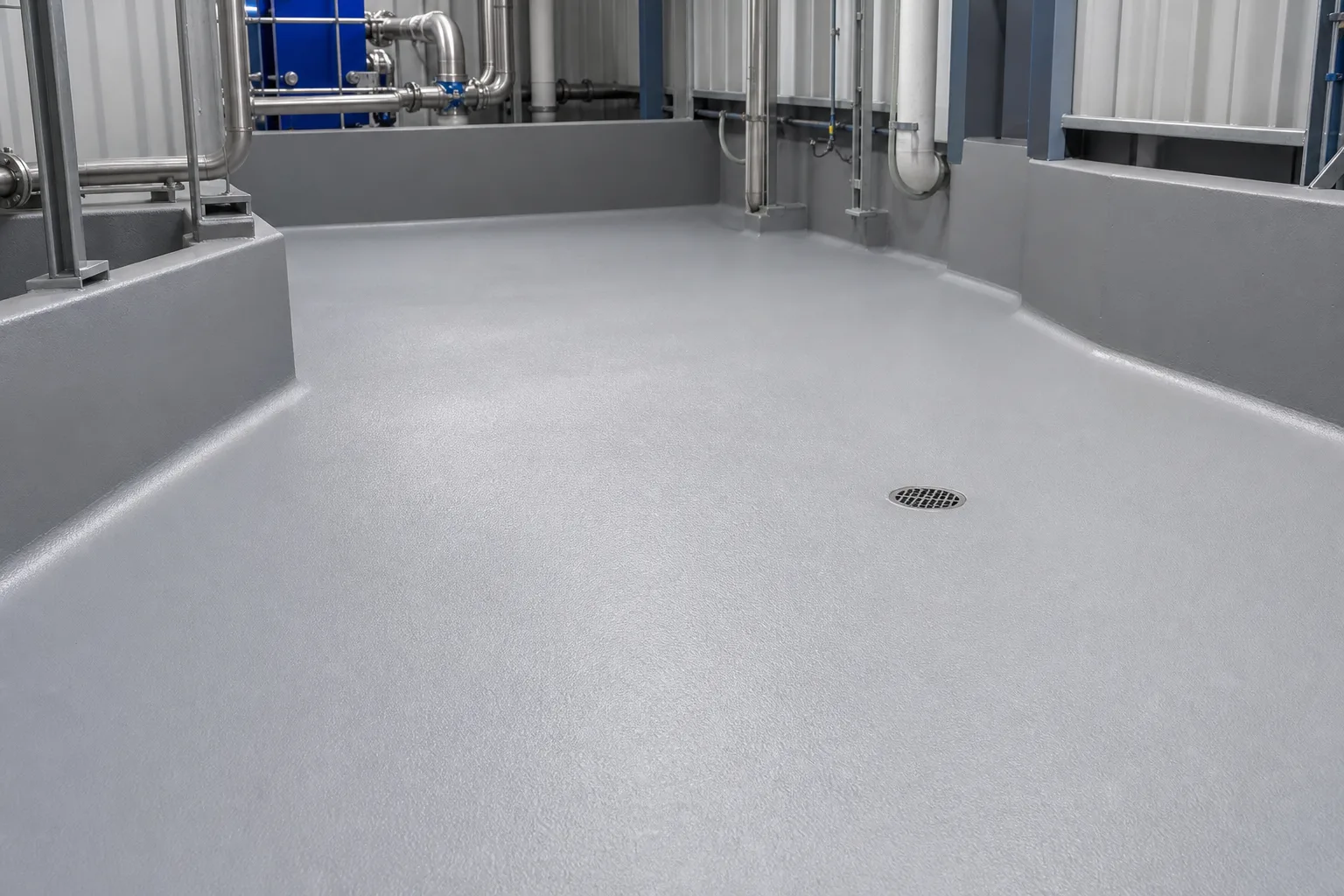 Seamless gray polyurea lining across a commercial containment floor, curbs, and lower walls