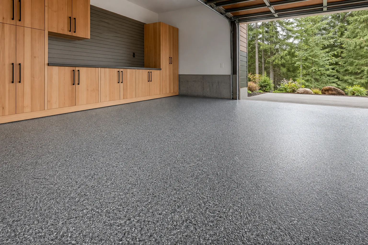 Finished gray polyurea floor system in a Washington residential garage